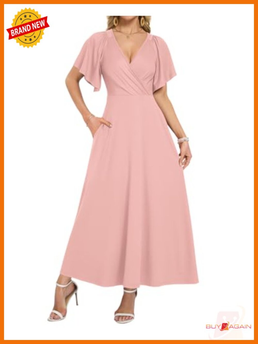 Women's Summer Maxi Wrap Dress Ruffled Sleeve V-Neck Side Pockets
